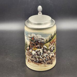 VTG Kaufmann German Stagecoach Beer Stein with Pewter Lid Zinn 92.5% Dent on Lid